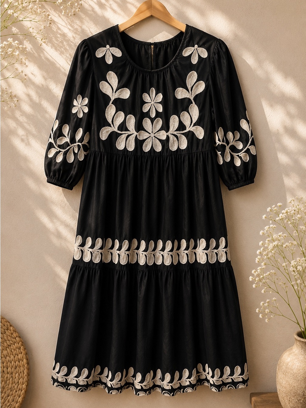 Anthropologie Black Midi Dress with Cream Floral Embroidery